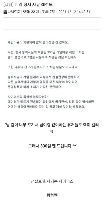 어느 게임의 300일 정지 사유