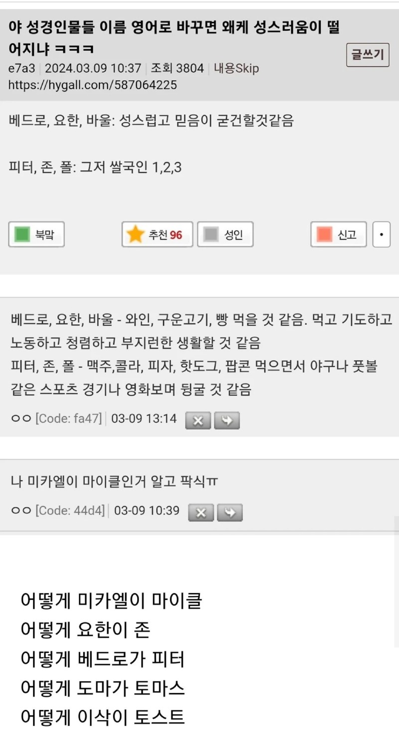 성경 인물들 영어 이름으로 바꾸면 성스러움이 떨어짐