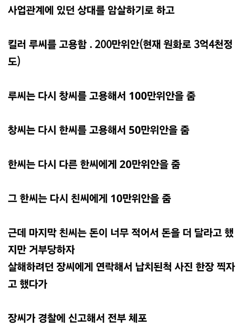 중국에서 실제 있었던 암살 하청 사례 