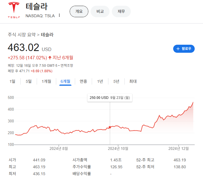 6개월 간 테슬라 주가 변동 