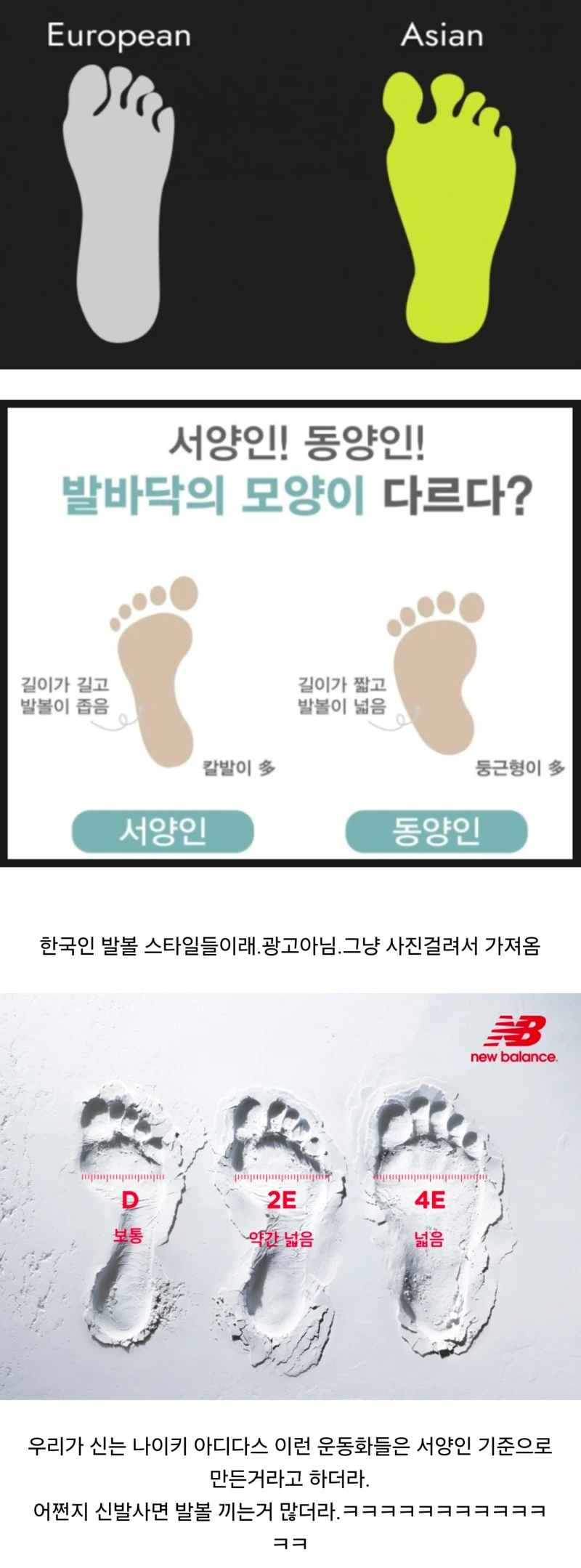 서양인과 동양인 발 모양 차이(발볼 차이) 