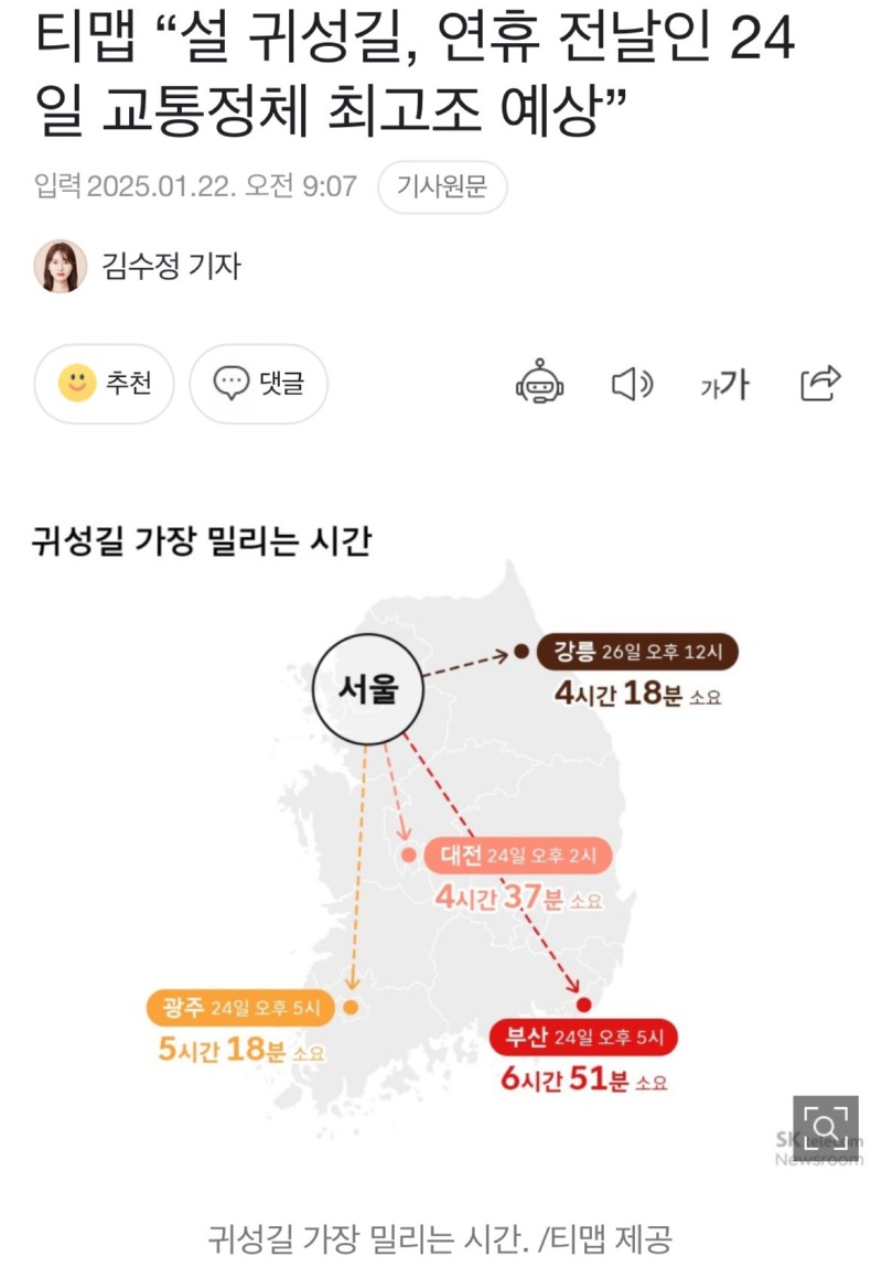 티맵피셜) 내일 24일이 교통정체 최고조 예상 