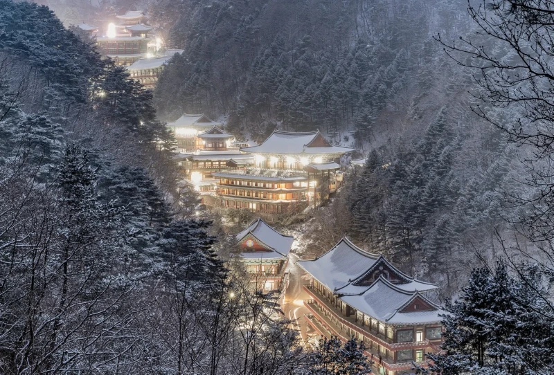 단양 구인사의 설경 