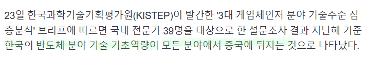 중국, 한국 반도체 기술수준 다 추월