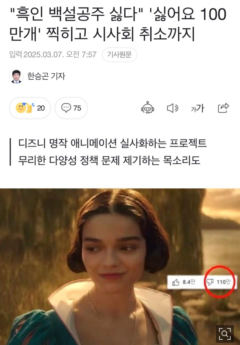 흑인 백설공주 싫어요 100만개 찍히고 시사회 취소까지