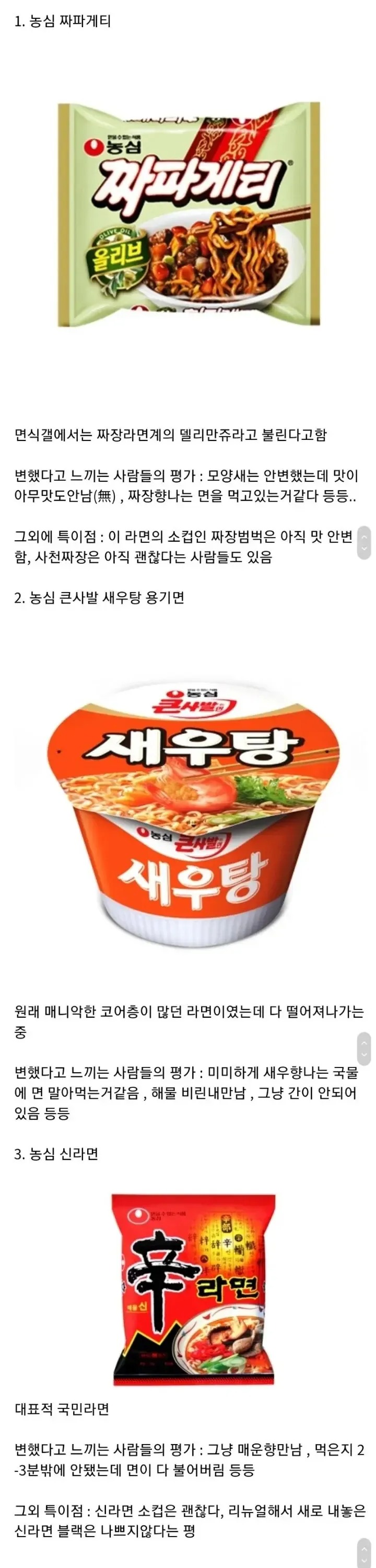 맛이 변했다는 평이 많은 농심라면