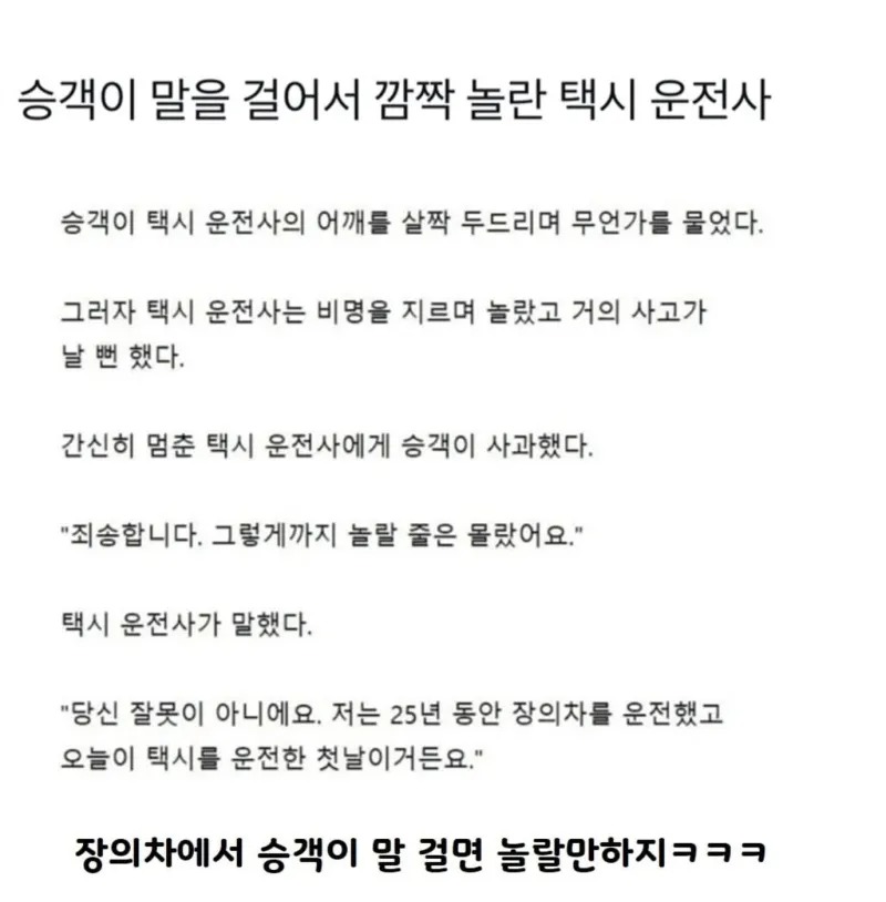 승객이 말걸어서 소리지른 택시기사