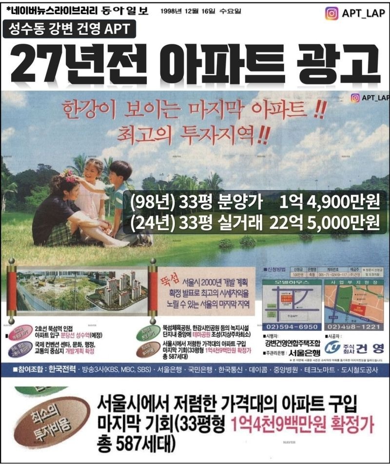 약 30년전 성수동 한강뷰 아파트 분양가