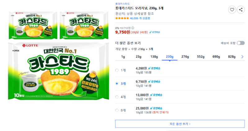 [쿠팡] 롯데카스타드 오리지널, 230g, 3개 [9,750] [무료]