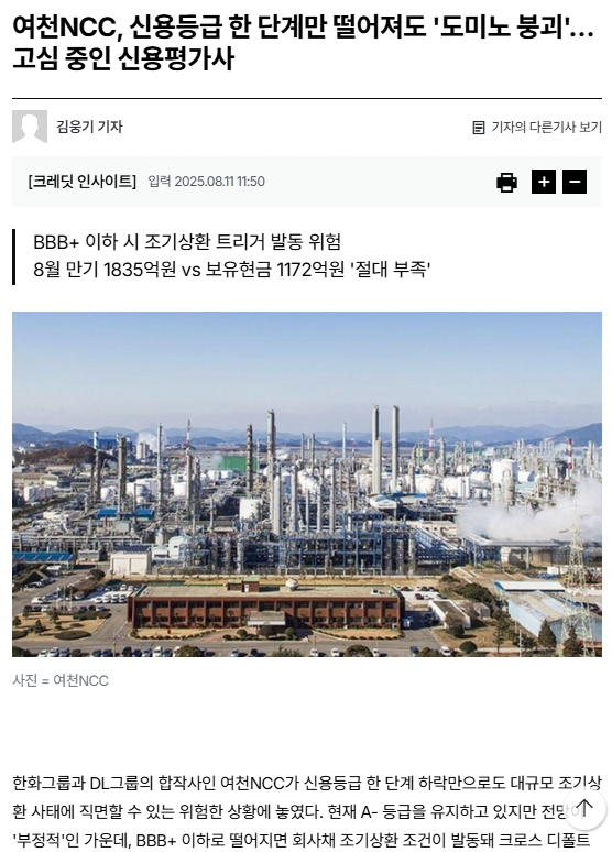 여천NCC 때문에 골치아파졌다는 신용평가사