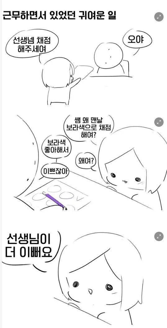 선생님은 왜 보라색으로 채점 해요?