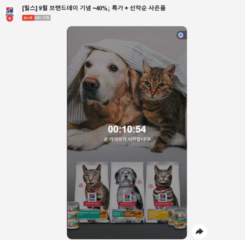 힐스펫) 네이버 라이브 ! 9월 브랜드데이 기념 ~40%↓ 특가 + 선착순 사은품